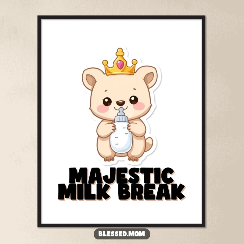 Funny Digital Art Print: A proud, crowned baby animal holds a baby bottle, offering instant humorous decor for any space.