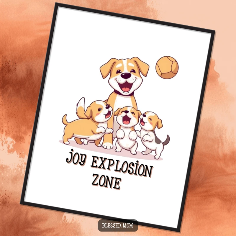 Funny Digital Art Print: Depicts a dog mom joyfully playing fetch with her energetic puppies.