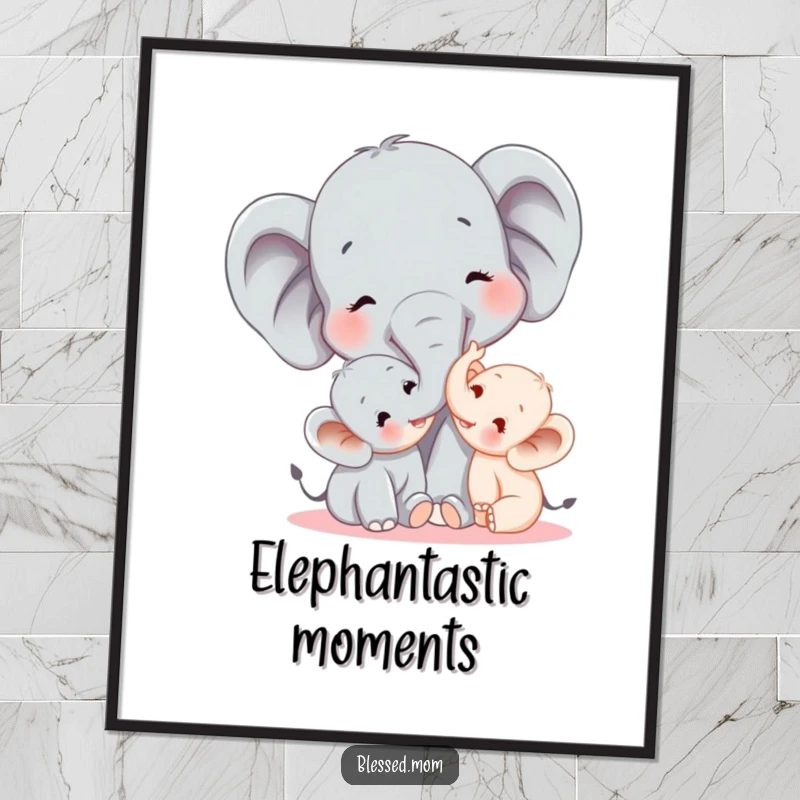 Funny elephant mom tickling her baby with her trunk, available as a digital art print, capturing a humorous and loving maternal moment.