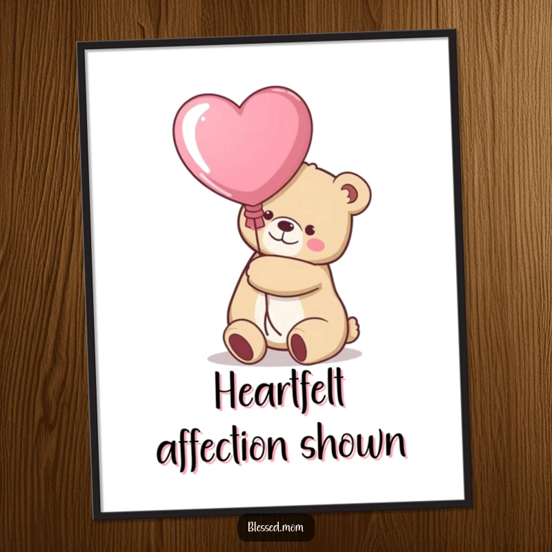 Funny kawaii bear mom hugging a large heart balloon on a downloadable digital art print, a sweet gift.