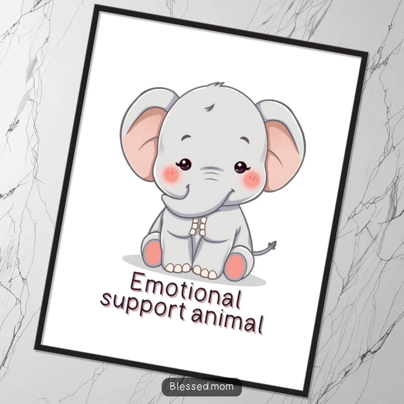 Funny Kawaii Elephant Mom Art Print: Tender illustration of an elephant mom giving a comforting trunk pat, ideal for instant heartwarming decor.