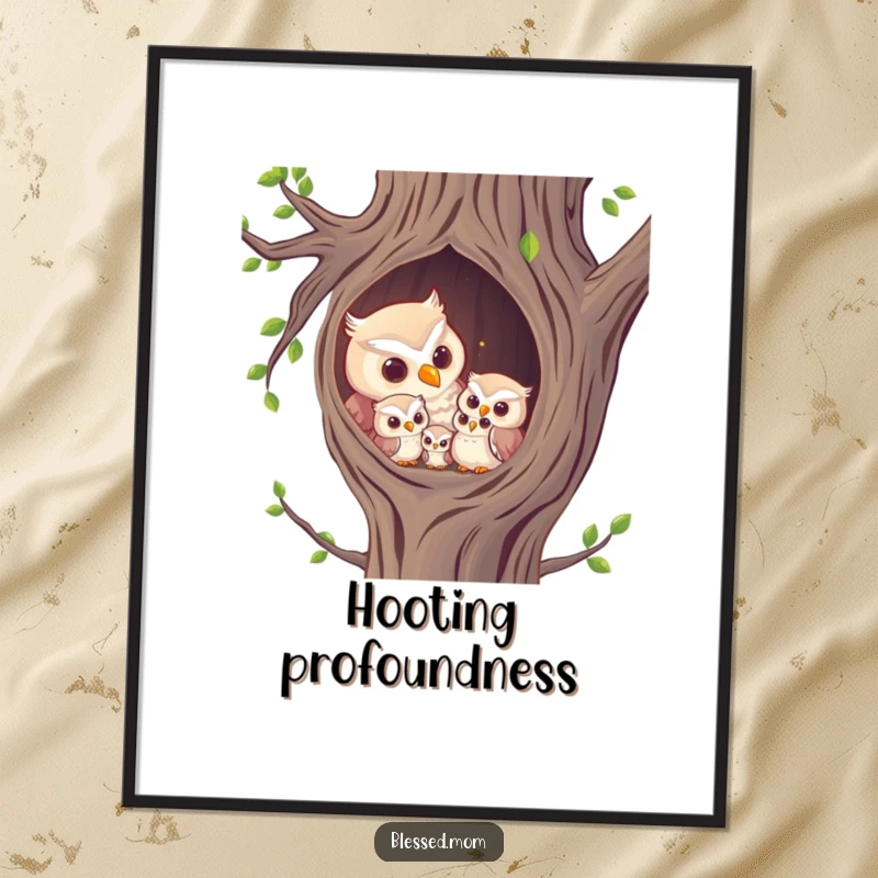 Funny Digital Art Print: Depicts a gentle owl mom hooting to her owlets in a cozy tree hollow.