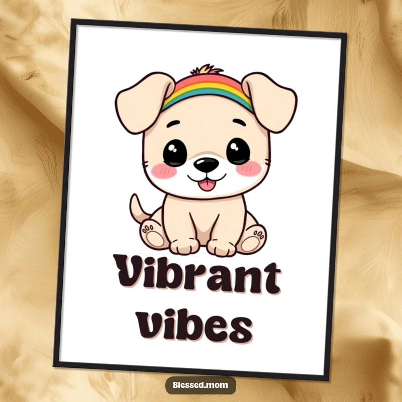 Funny Puppy Rainbow Digital Art Print: Happy puppy balances a small rainbow on its head, radiating joy. Perfect for instant, funny decor.