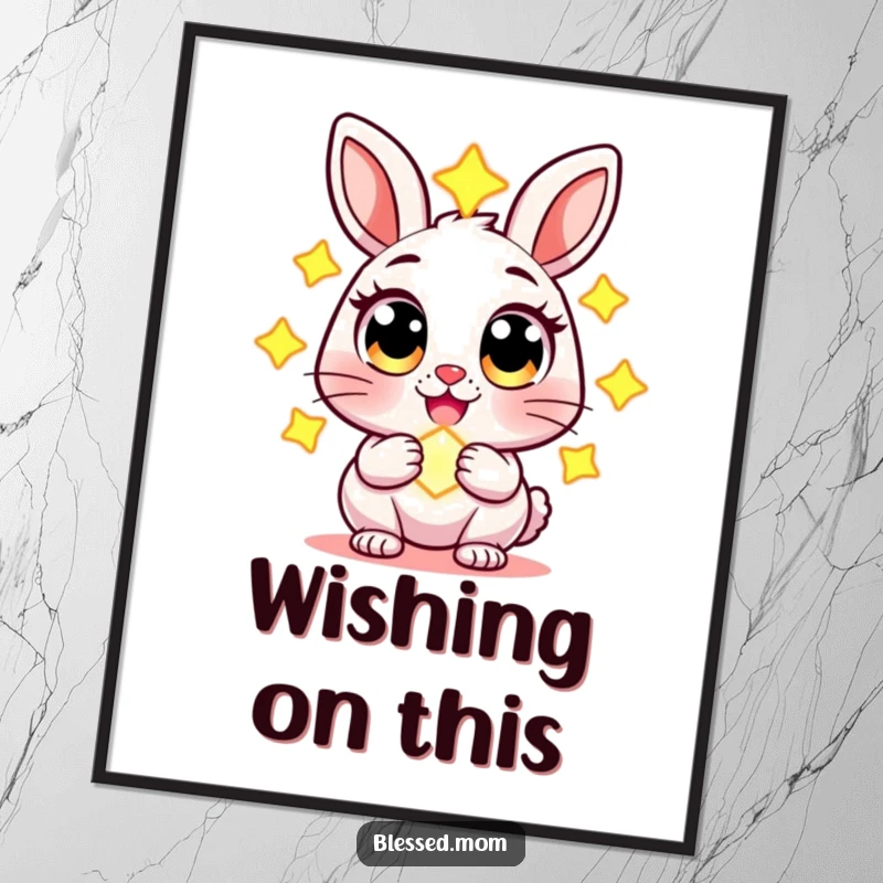 Funny digital art print of a cheerful rabbit character with wide eyes, holding a glowing charm, enchanting and whimsical printable decor.