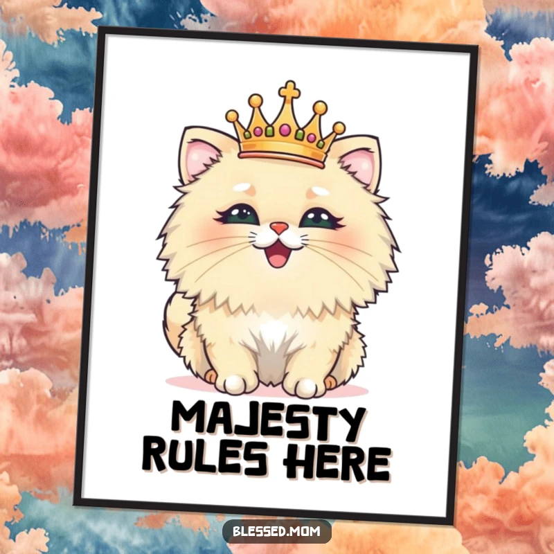 Funny digital art print of a fluffy cat wearing a tiny crown, beaming with pride, regal and humorous artwork for instant download.