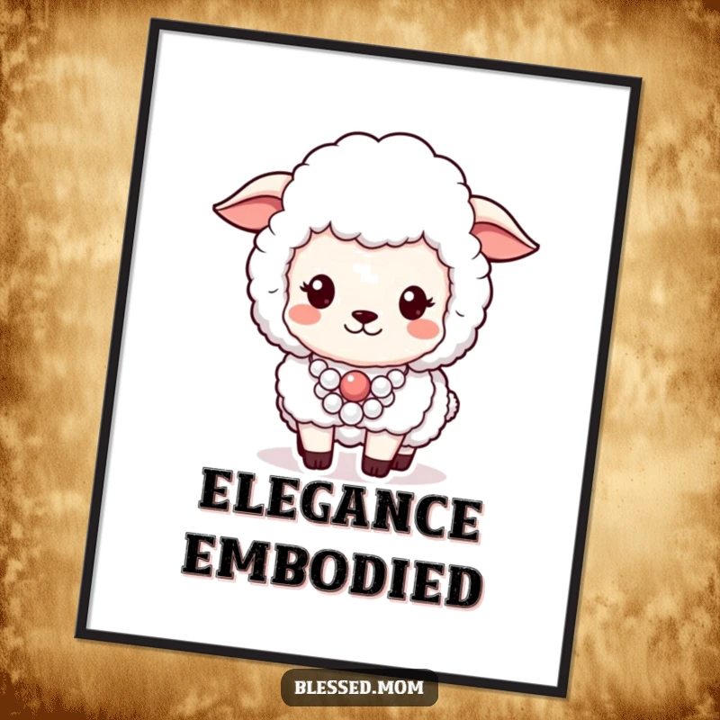 Funny digital art print of a fluffy sheep proudly wearing a lustrous pearl necklace, exuding chic pride.