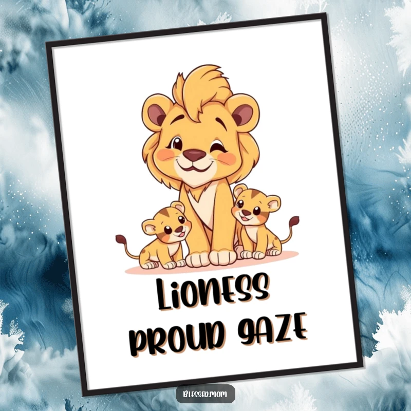 Majestic lioness mom digital art print with cubs at play, symbolizing fierce protection and maternal strength.