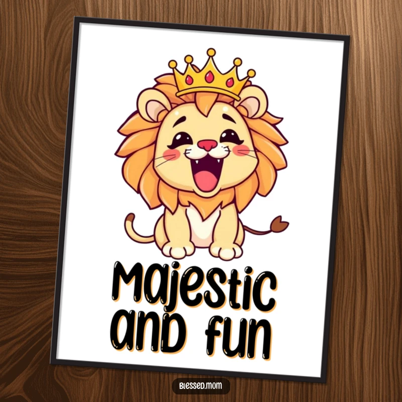 Funny Kawaii Lion Mom Art Print: Playful illustration of a lion mom roaring with a tilted crown, ideal for instant bold wall decor.