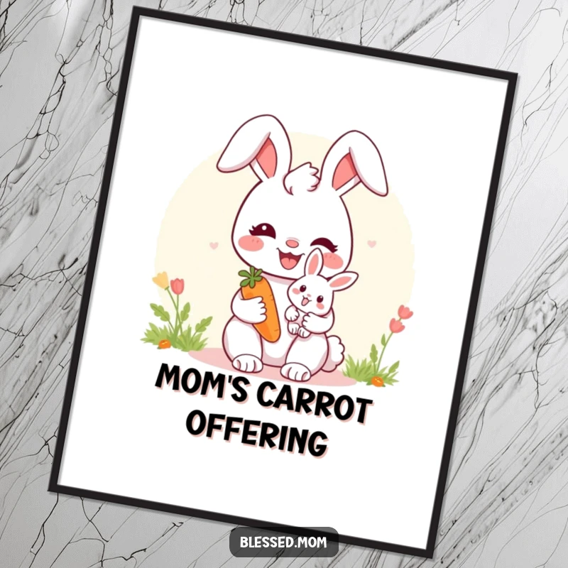 Happy bunny mom digital art print with a baby bunny and carrot, symbolizing nurturing love and sweetness.