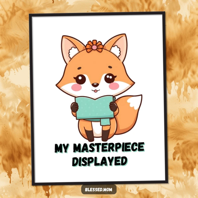 Funny kawaii fox mom proudly displaying a handmade craft on a downloadable digital art print, a sweet gift.