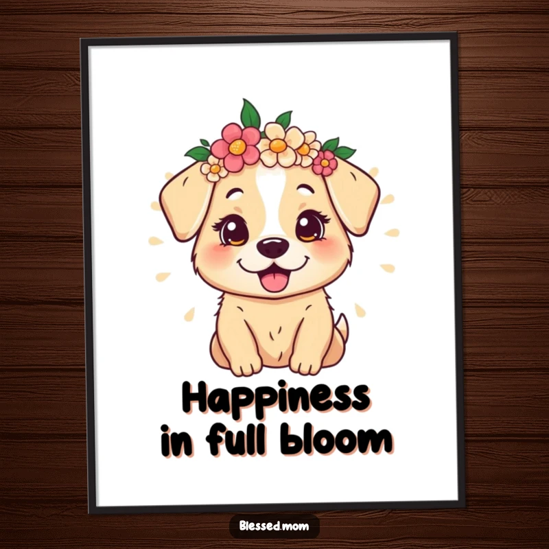 Funny dog mom digital art print, wearing flower crown, radiating warmth and happiness, cheerful portrait for instant download.