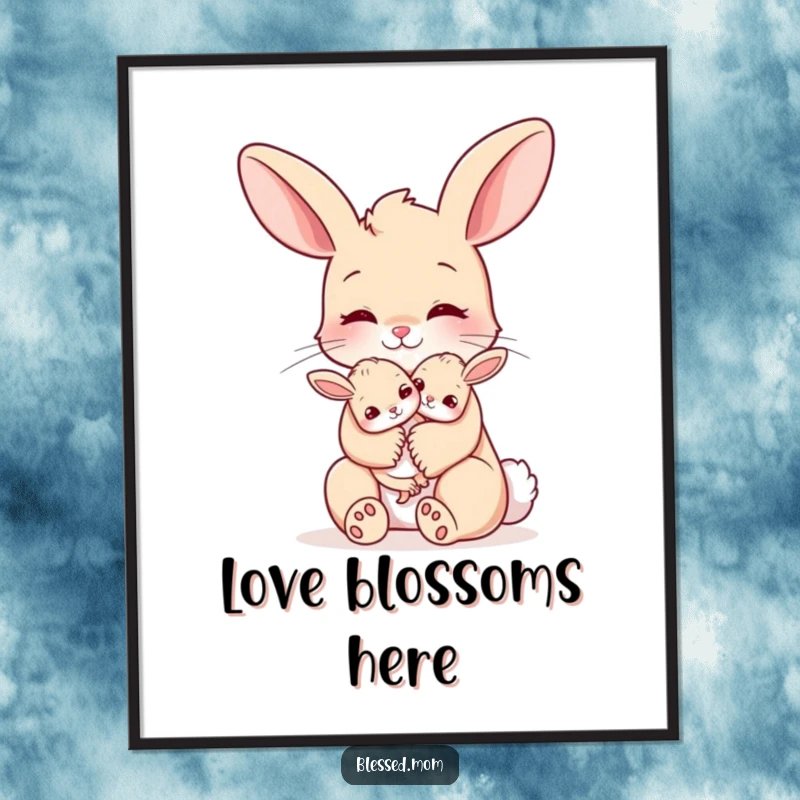 Funny bunny mom digital art print, holding baby bunny, loving embrace, sweet maternal portrait for instant download.