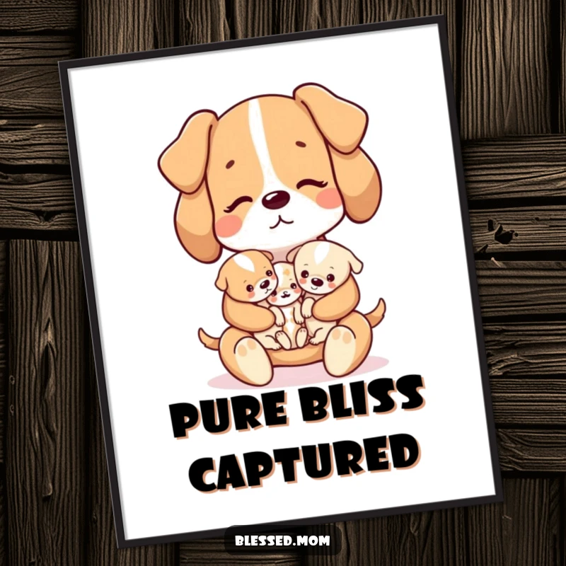 Funny kawaii dog mom holding tiny puppies on a downloadable digital art print, a sweet gift.