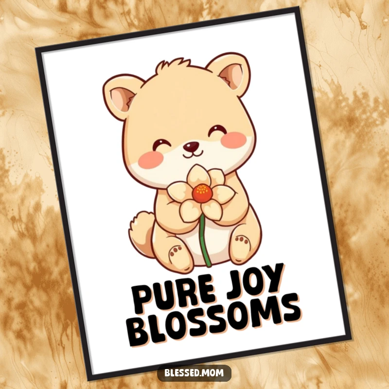 Funny Digital Art Print of a smiling animal cradling a flower, embodying sweetness and joy. A beautiful funny gift.