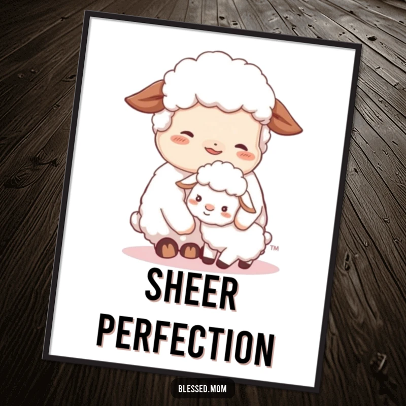 Contented sheep mom tenderly nuzzling her fluffy lamb, available as a digital art print, evoking peace and maternal love.