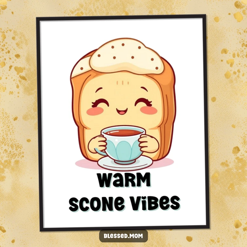 Funny Digital Art Print: Depicts a smiling mother scone offering a tiny cup of tea.