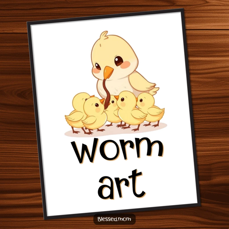 Funny Mama Bird digital art print shows a cute bird feeding a worm to its eager chicks, capturing a moment of tender care.