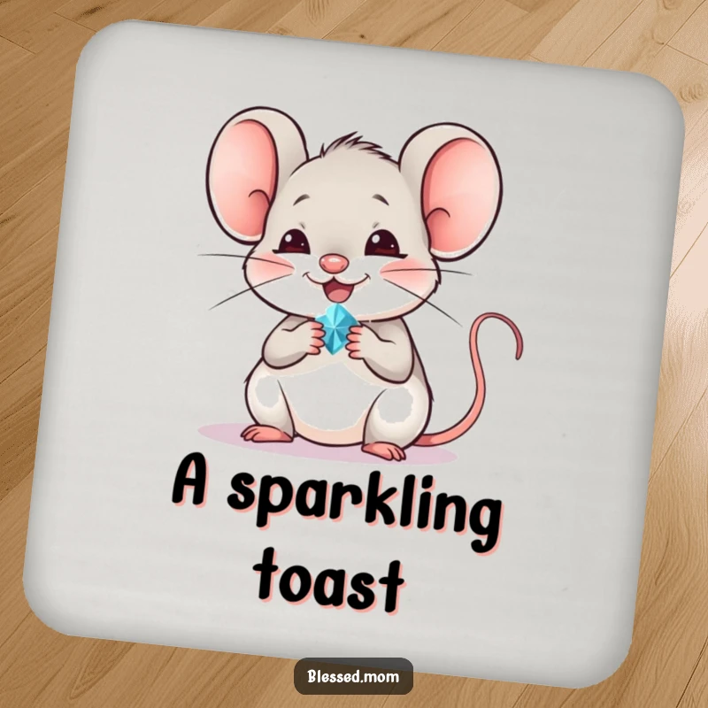 Funny mouse coasters showing a cheerful mouse offering a tiny, sparkling jewel, adding a touch of magic to any table.