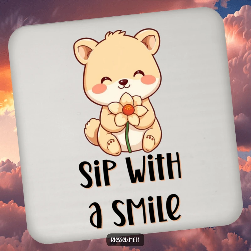 Funny Drink Coaster with a smiling animal holding a flower, symbolizing sweetness. Perfect for tables. A cute funny gift.