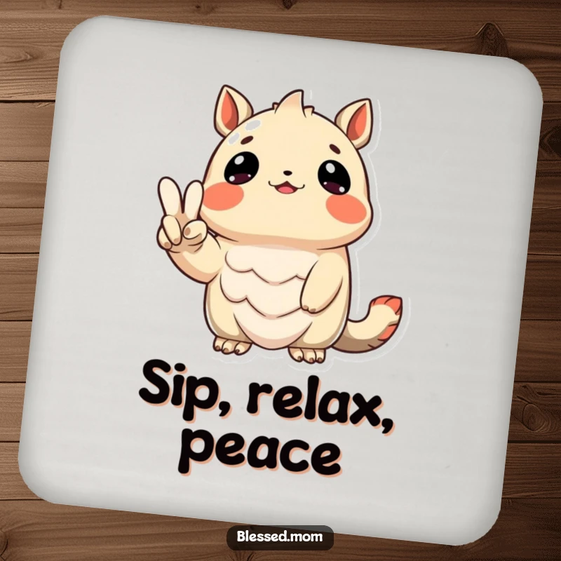 Funny Coasters featuring a grateful creature holding a peace sign, protecting surfaces with positive vibes.