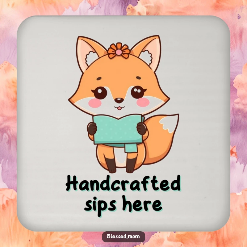 Funny kawaii fox mom proudly showing a handmade craft on a set of drink coasters, cute home decor, a gift.