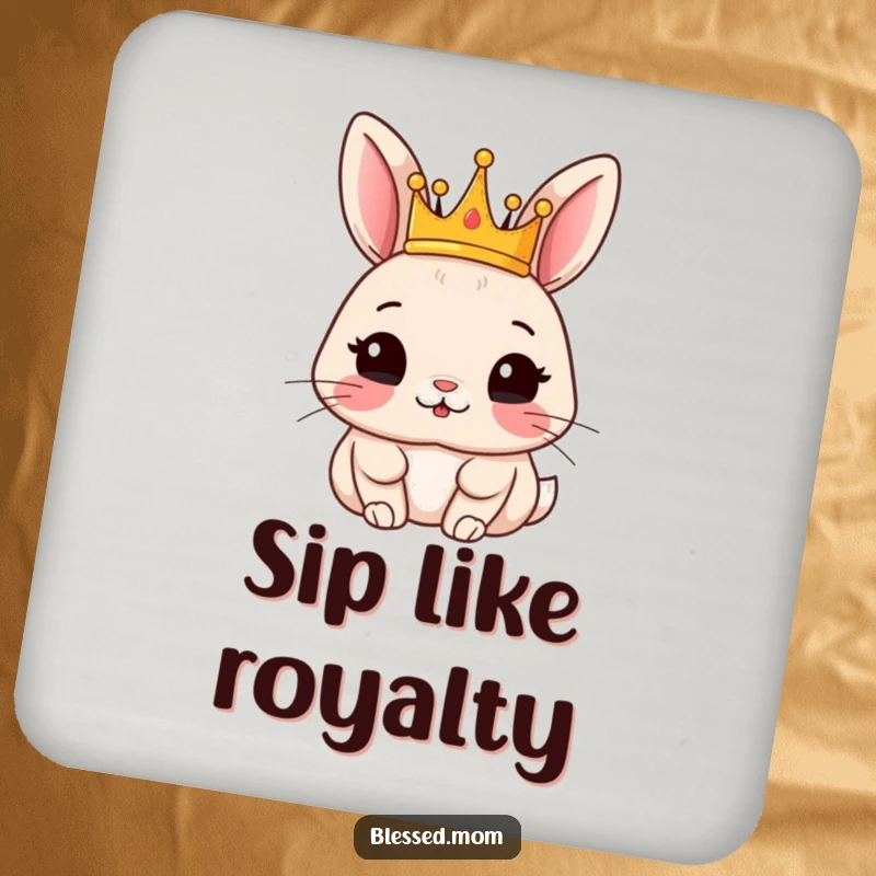 Funny rabbit coasters showing a content rabbit wearing a small crown, adding a cute royal touch to any surface.