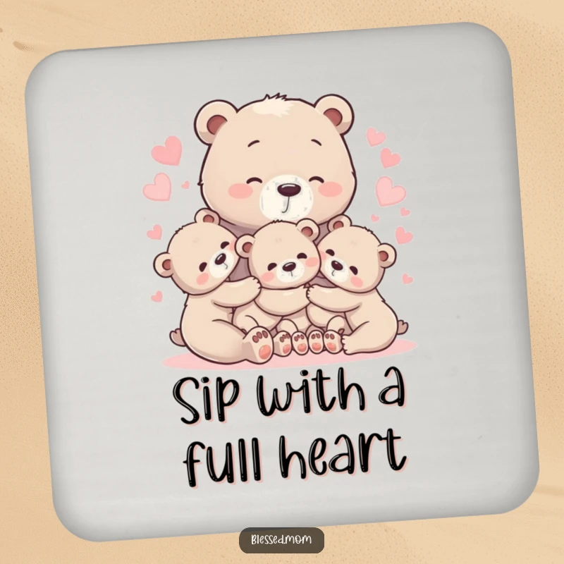 Heartwarming bear mom coasters with cubs in a glowing heart hug, adding love to any surface.