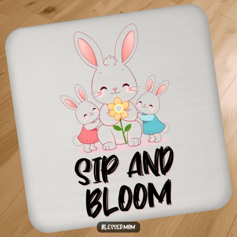 Funny kawaii bunny mom giving flowers on a set of drink coasters, cute home decor, a gift.