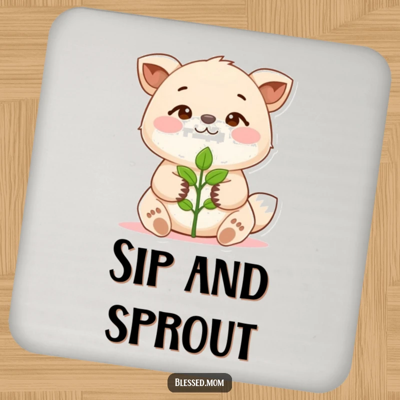 Funny Drink Coaster with an animal holding a sprout, symbolizing growth. Perfect for tables. A cute funny gift.