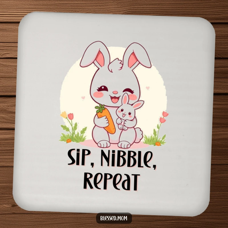 Cute bunny mom coasters with a baby bunny and carrot, adding sweetness and protecting surfaces.