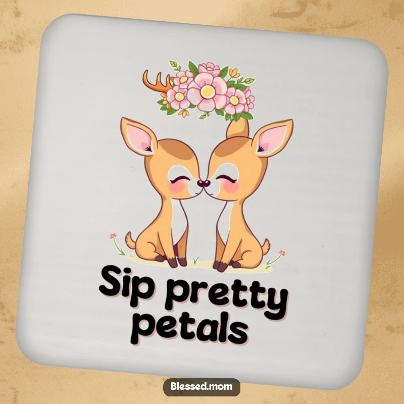 A set of coasters featuring a kawaii deer mom gazing at a flower crown, offering gentle protection for tabletops.