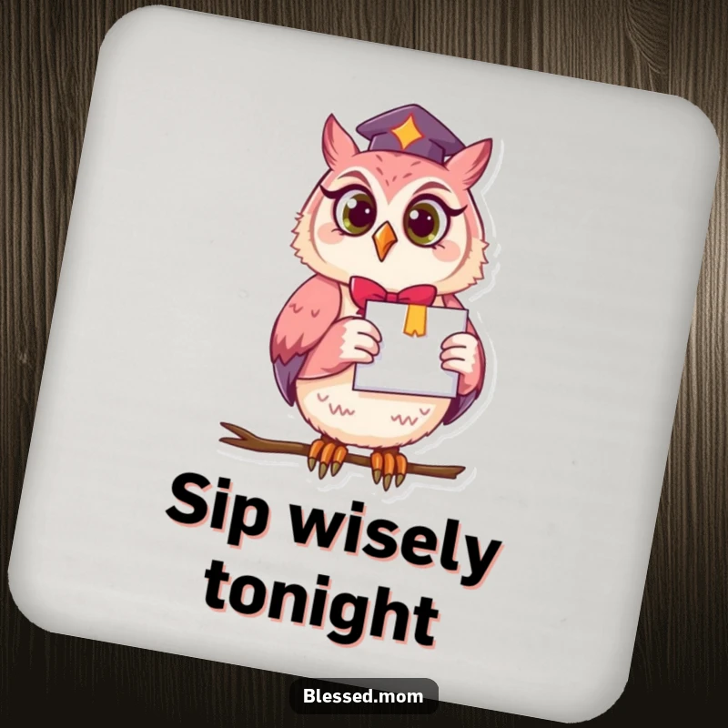 A set of coasters featuring a funny owl mom with a diploma, offering wise protection and humorous graduation flair for tabletops.