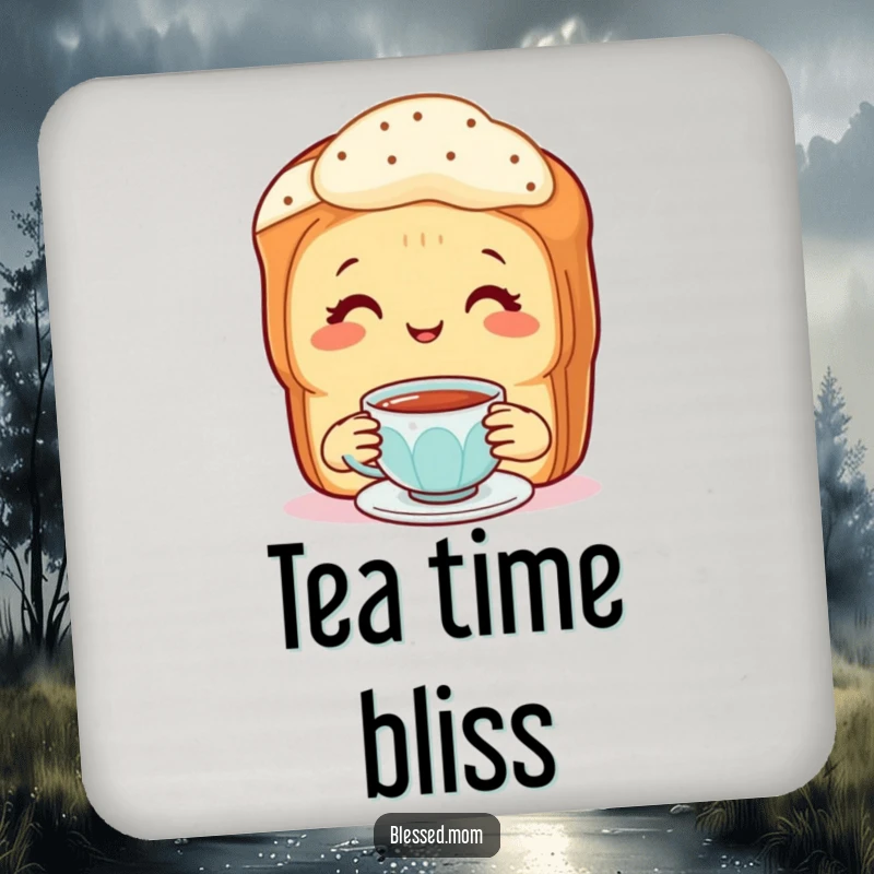 Funny Coasters: Smiling mother scone offering tea, protecting surfaces with sweetness.