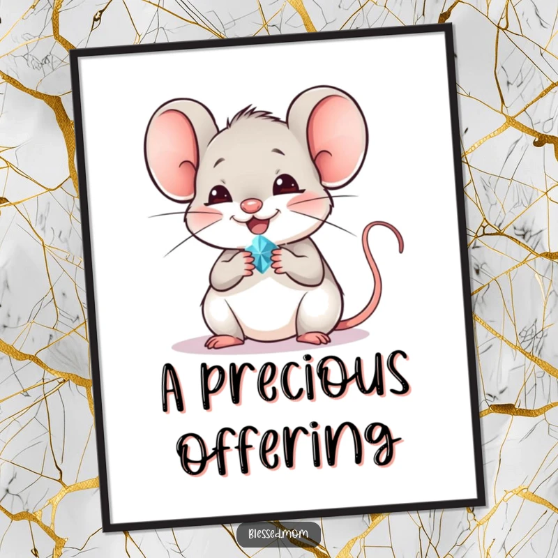 Funny mouse poster featuring a cheerful mouse holding a tiny, sparkling jewel, bringing joy and wonder to any room.