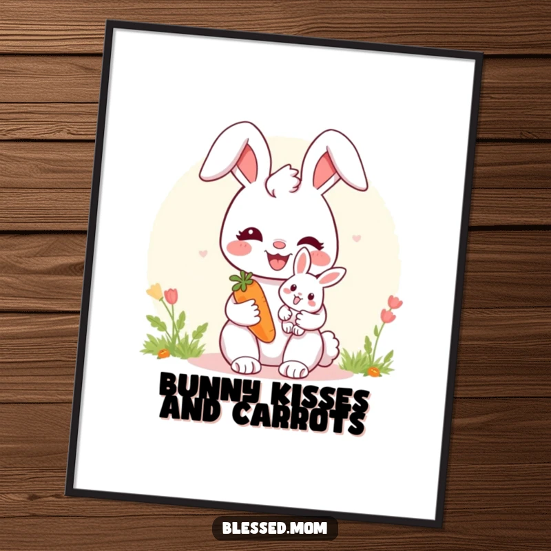 Happy bunny mom poster with a baby bunny and carrot, symbolizing tender care and a loving maternal bond.