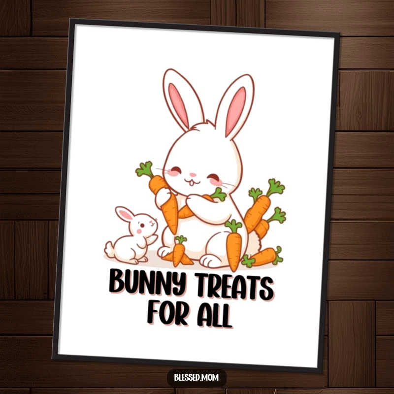 Funny Mama Rabbit Carrots Poster, a cute mother rabbit offering a bunch of carrots to her offspring, heartwarming bunny art, perfect funny gift.