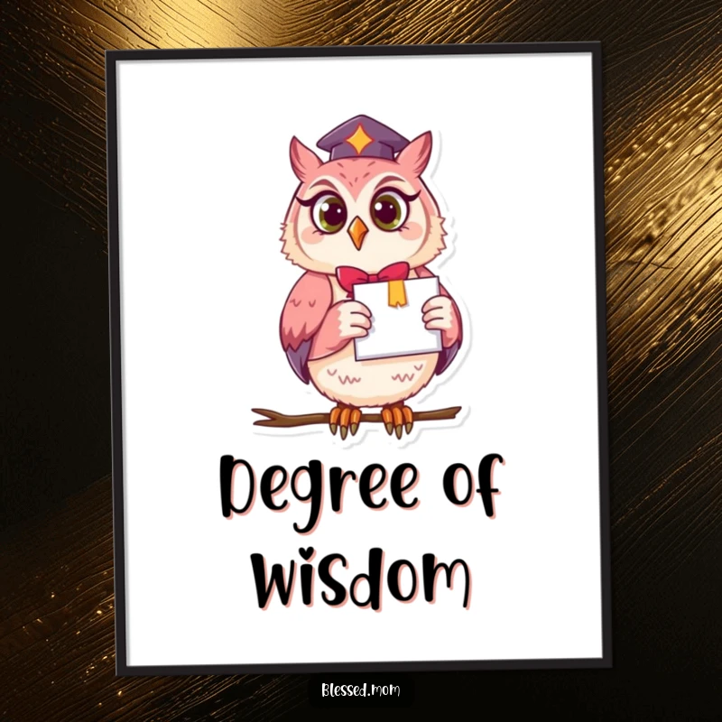 Funny owl mom holding a diploma, depicted as a poster, symbolizing wisdom, achievement, and humorous graduation pride.