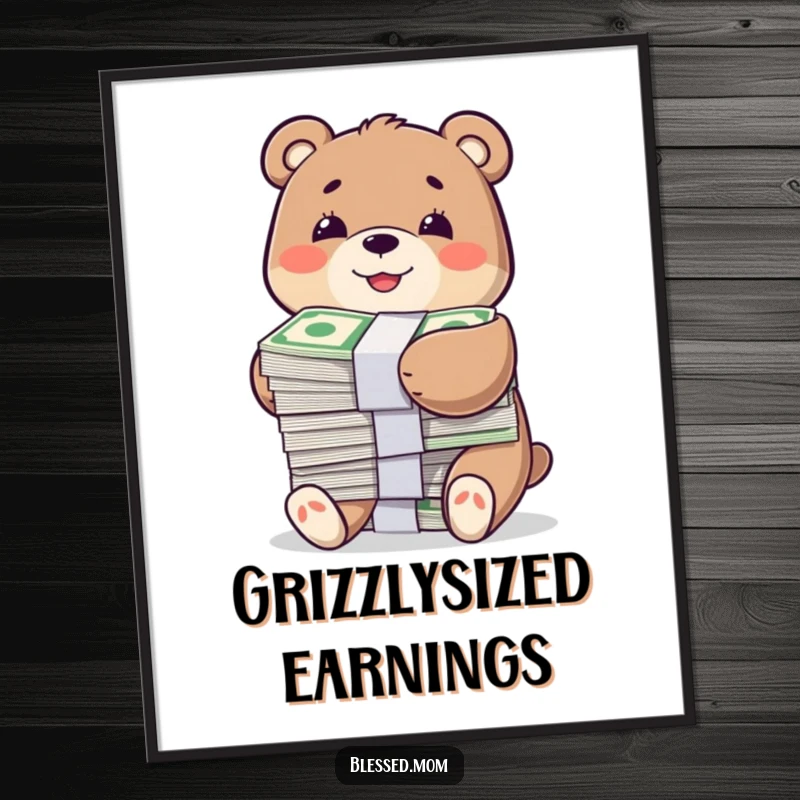 Funny poster featuring a smiling bear character happily hugging a large stack of bills, celebrating financial success with humor.