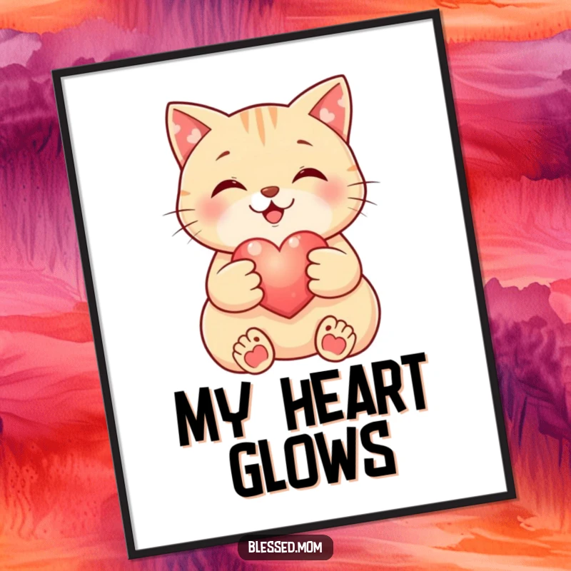 Funny Cat Poster: Smiling cat holds a small, glowing heart, creating a loving and charming atmosphere. Perfect for funny wall decor.