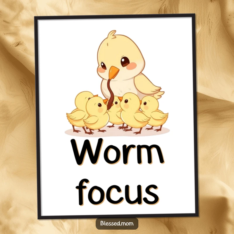 Funny Mama Bird poster showcases a cute bird feeding a worm to its eager chicks, symbolizing love and family.