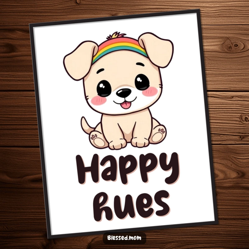 Funny Puppy Rainbow Poster: Happy puppy balances a small rainbow on its head, creating a joyful atmosphere. Perfect for funny wall decor.