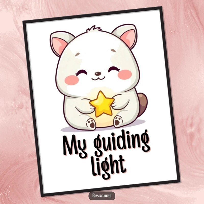 Funny Poster showing a serene happy animal holding a tiny glowing star, bringing whimsical charm and peaceful vibes to any room.