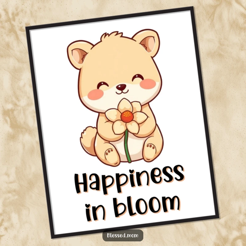 Funny Poster of a smiling animal holding a flower, radiating sweetness and joy. A beautiful and funny gift.