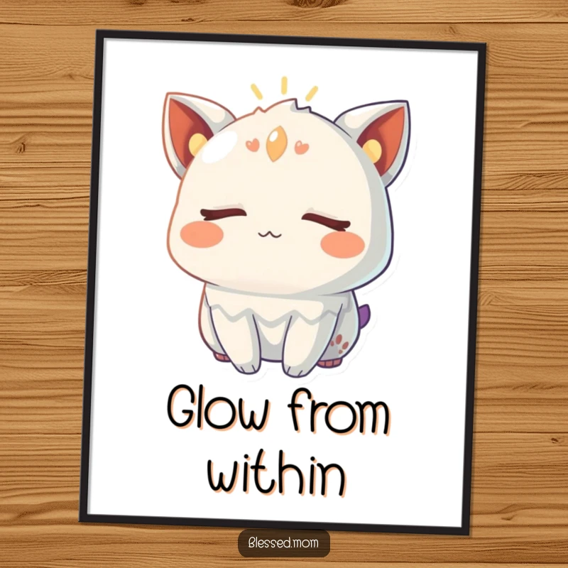 Funny Poster of a creature with closed eyes, radiating a warm, gentle glow, bringing peaceful radiance to any space.