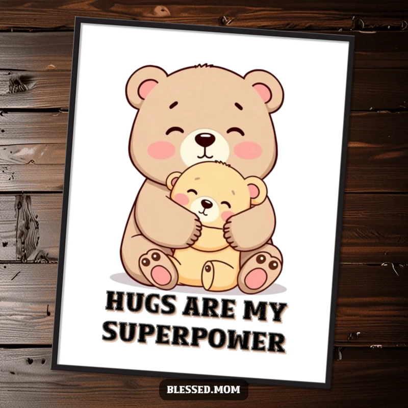 Funny Mama Bear Hug Poster, a cute mother bear tightly hugging her cub with affection, heartwarming wall art, perfect funny gift.
