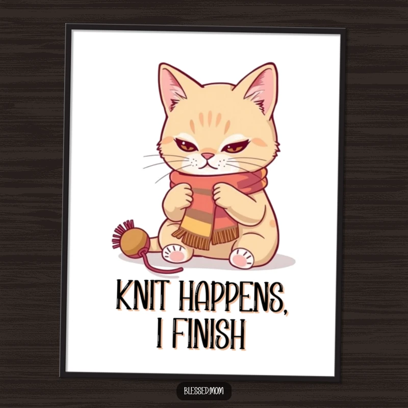 Funny cat knitting a colorful scarf poster with a determined look, perfect humorous wall art for crafters.