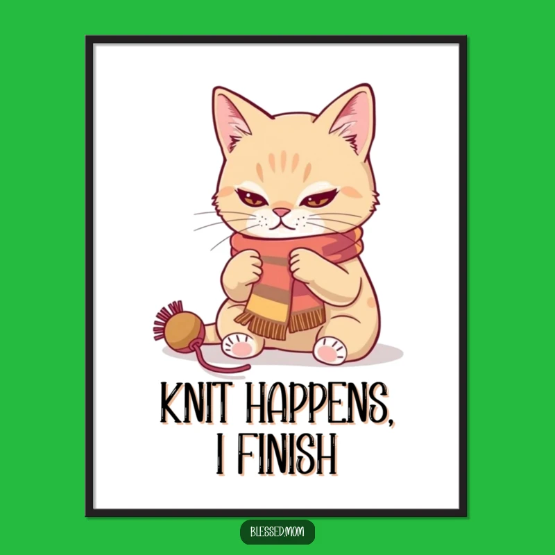 Determined Cat Knitter Poster - Funny Art for Crafty Spaces