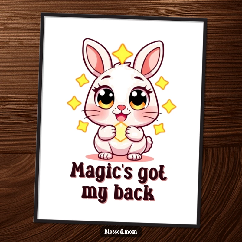 Funny poster featuring a cheerful rabbit character with wide eyes, holding a glowing charm, enchanting and whimsical wall art.
