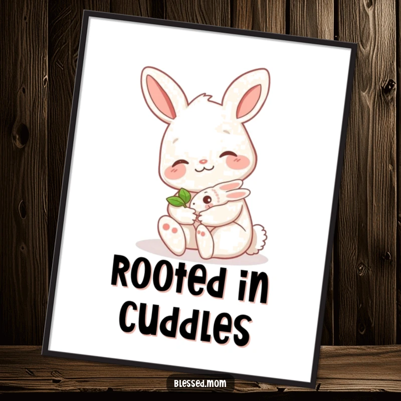 Funny bunny mom poster, a sweet illustration of a smiling mama hare delicately cradling a burgeoning sprout, symbolizing growth and maternal love.