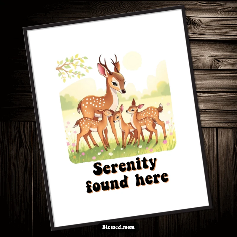 Funny Poster: Graceful deer mom nuzzling her sweet fawns in a sun-drenched meadow.